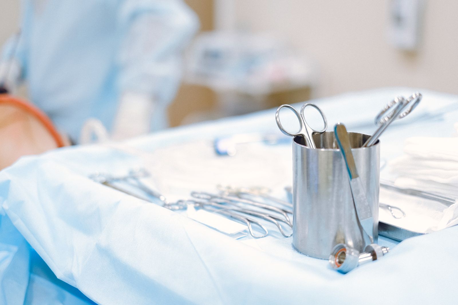 Sterile surgical instruments arranged and ready in an operating suite